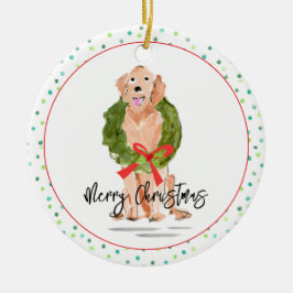Adorno De Cerámica Feliz Navidad Golden Retriever Dog Wreath Holly