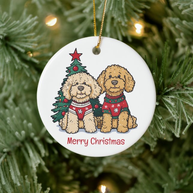 Adorno De Cerámica Feliz Navidad Goldendoodle Dogs (Árbol)