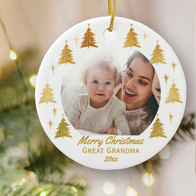 Adorno De Cerámica Feliz Navidad Gran Abuela - Foto de oro blanco (Christmas photo ornament for Great Grandma)