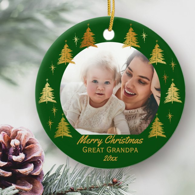 Adorno De Cerámica Feliz Navidad Gran Abuelo Green y Gold Photo (Christmas photo ornament for Great Grandpa)