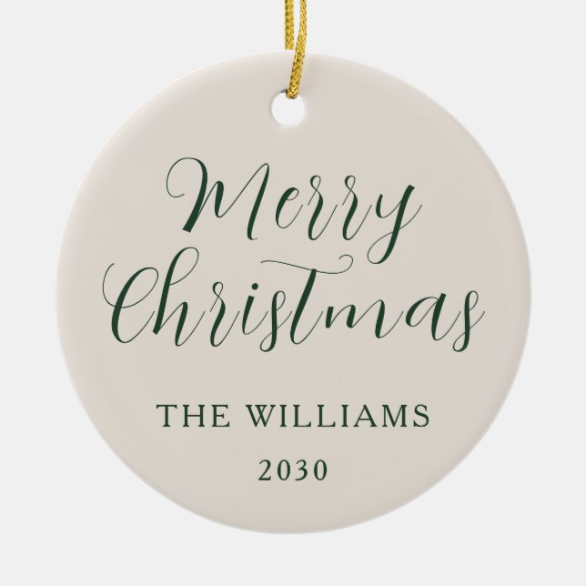 Adorno De Cerámica Feliz Navidad Guión moderno Beige Verde (Frente)