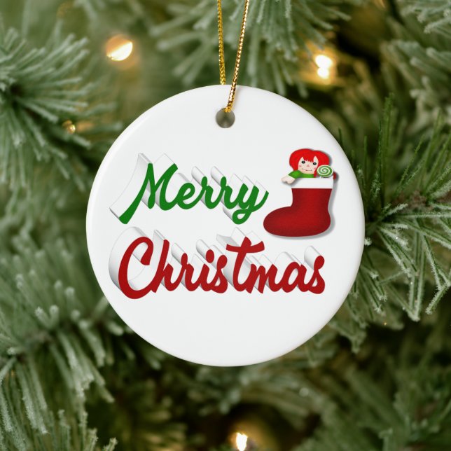 Adorno De Cerámica Feliz navidad Guión rojo verde (Árbol)