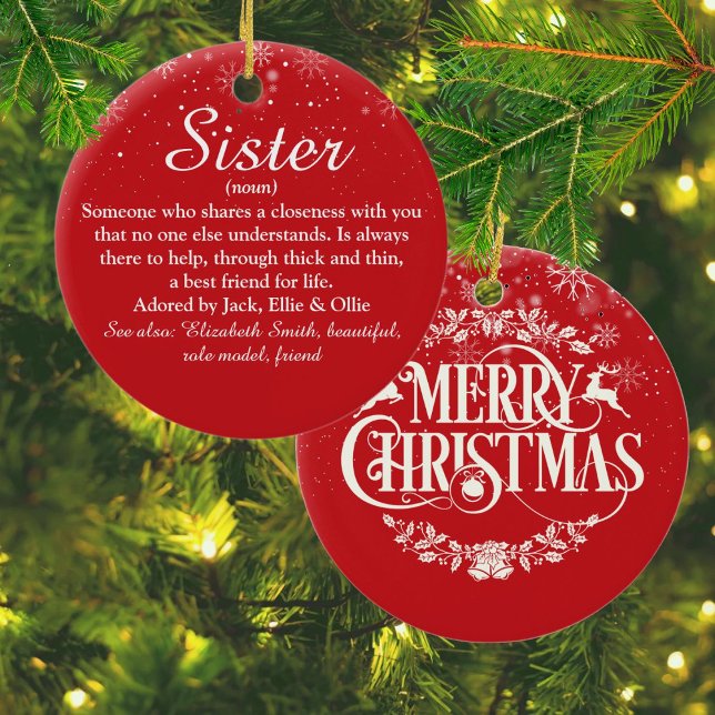 Adorno De Cerámica Feliz Navidad Hermana Definición Snowflakes (Merry Christmas Sister Definition Snowflakes Ceramic Ornament)