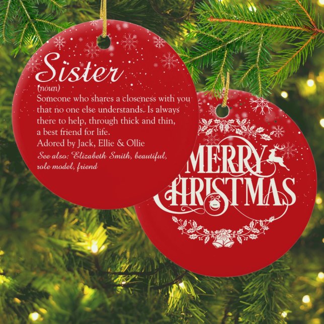 Adorno De Cerámica Feliz Navidad Hermana Definición Snowflakes (Merry Christmas Sister Definition Snowflakes Ceramic Ornament)