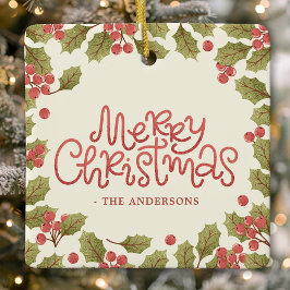 Adorno De Cerámica Feliz Navidad Hojas de Acebo Acuarela