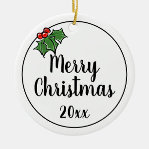 Adorno De Cerámica Feliz Navidad Holly deja bayas