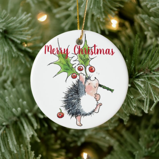 Adorno De Cerámica Feliz Navidad Holly Hedgehog Personalizado (Árbol)