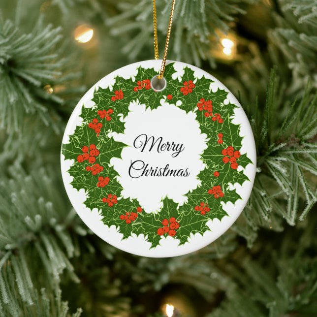 Adorno De Cerámica Feliz Navidad Holly Wreath (Árbol)