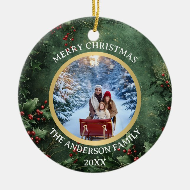 Adorno De Cerámica Feliz Navidad Holly y cerámica familiar Berries (Frente)