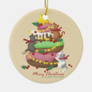 Adorno De Cerámica Feliz Navidad: Ilustracion de gatos y dulces