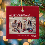 Adorno De Cerámica Feliz Navidad Moderna Navidad Festividad Roja<br><div class="desc">Fotos de festividad moderna Feliz Navidad,  con un simple y mínimo tipo de letra Feliz Navidad. Personaliza con tu apellido y año.</div>