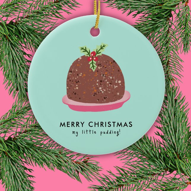 Adorno De Cerámica Feliz Navidad Moderno Ilustracion Pudding (Cute 'My Little Pudding' Christmas ornament)