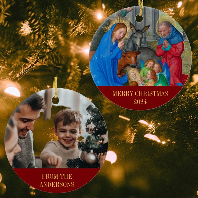 Adorno De Cerámica Feliz Navidad Natividad Religiosa Foto Cristiana (Merry Christmas Nativity Scene Religious Christian Catholic Medieval Photo Ceramic Ornament)