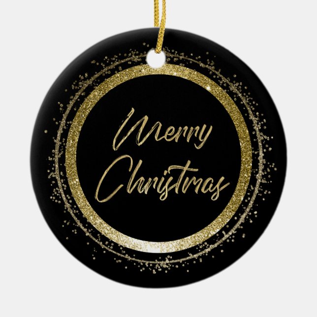 Adorno De Cerámica Feliz Navidad Negro y Oro (Frente)