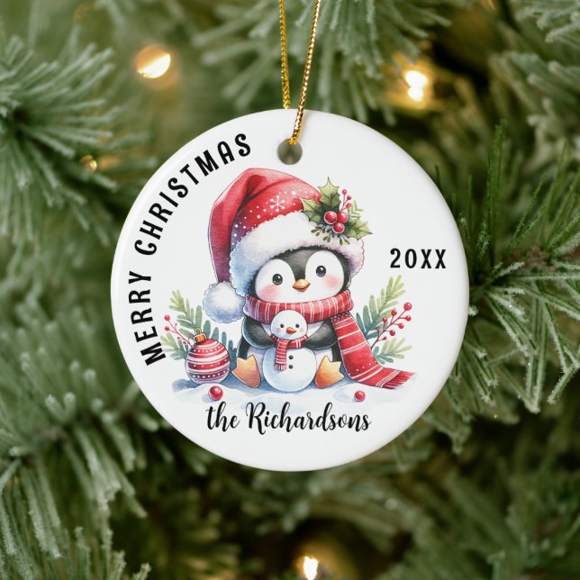 Adorno De Cerámica Feliz Navidad nombre familia cute pingüino (Árbol)