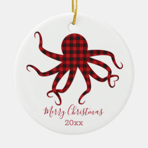 Adorno De Cerámica Feliz Navidad Octopus rojo negro