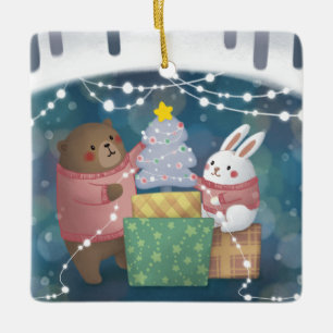 Adorno De Cerámica Feliz Navidad: oso y conejo