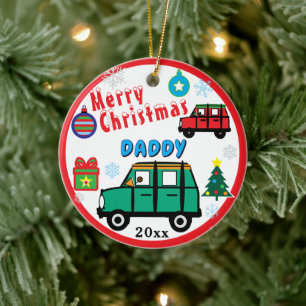 Adorno De Cerámica Feliz Navidad Papá Niños FOTO Coche Verde