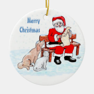 Adorno De Cerámica Feliz Navidad - Papá Noel con gato y perro