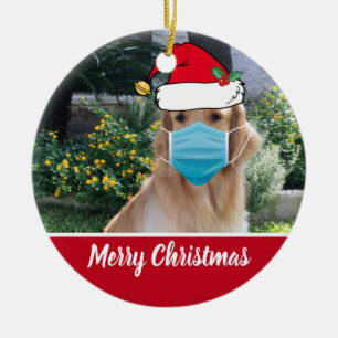 Adorno De Cerámica Feliz Navidad, perro gracioso en la mascara