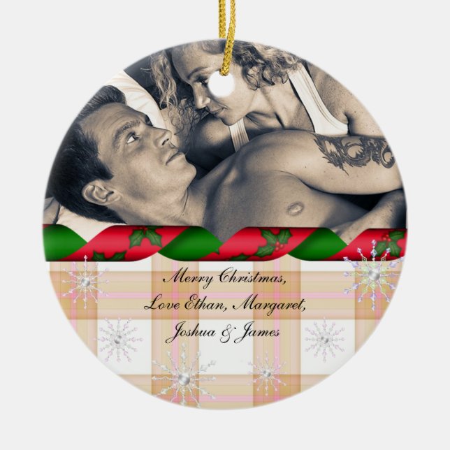 Adorno De Cerámica Feliz Navidad Personalizado Foto Copos de nieve (Frente)