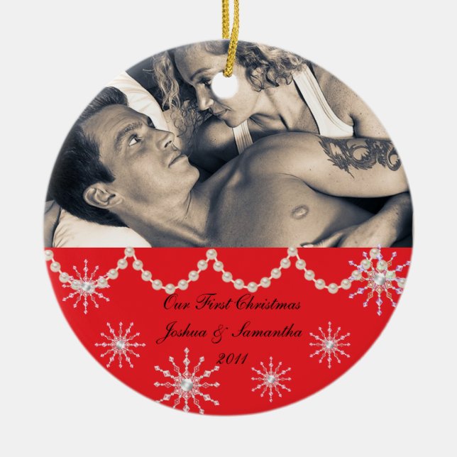 Adorno De Cerámica Feliz Navidad Personalizado Foto Copos de nieve (Frente)