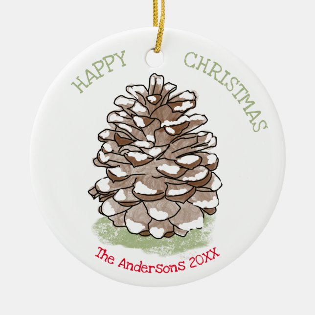 Adorno De Cerámica Feliz Navidad Pine Cone personalizado (Frente)