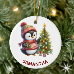 Adorno De Cerámica Feliz Navidad Pingüino con árbol de Navidad