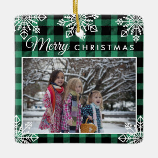 Adorno De Cerámica Feliz Navidad Plaid Verde Copos de Nieve 2 Foto