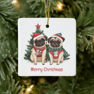 Adorno De Cerámica Feliz Navidad Pug Dogs