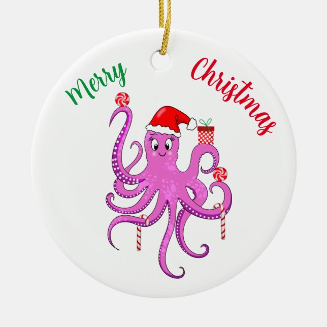 Adorno De Cerámica Feliz Navidad Purple Santa Octopus (Frente)