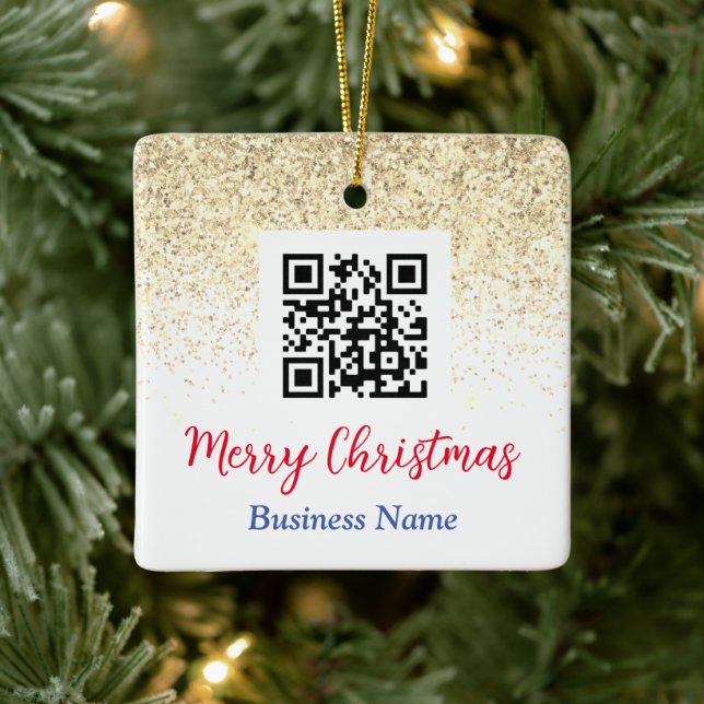 Adorno De Cerámica Feliz Navidad QR Code Business Name Gold Purpurina (Árbol)