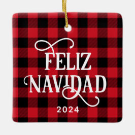 Adorno De Cerámica Feliz Navidad Red Buffalo Plaid Family Photo