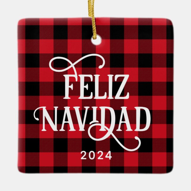 Adorno De Cerámica Feliz Navidad Red Buffalo Plaid Family Photo (Anverso)