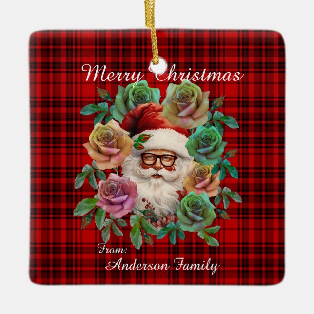 Adorno De Cerámica Feliz Navidad Red Plaid Floral Santa Claus (Anverso)