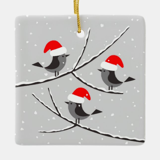 Adorno De Cerámica Feliz Navidad Red Santa Hat Birds (Anverso)