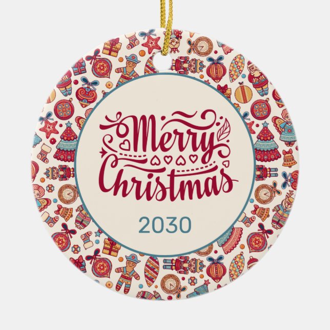 Adorno De Cerámica Feliz Navidad Retro (Frente)