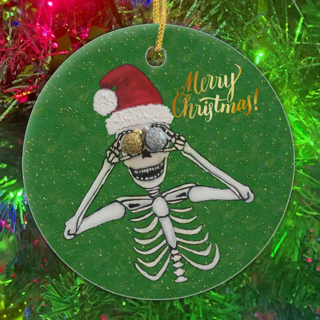 Adorno De Cerámica Feliz Navidad Riéndose del Skeleton Purpurinoso Or (Subido por el creador)