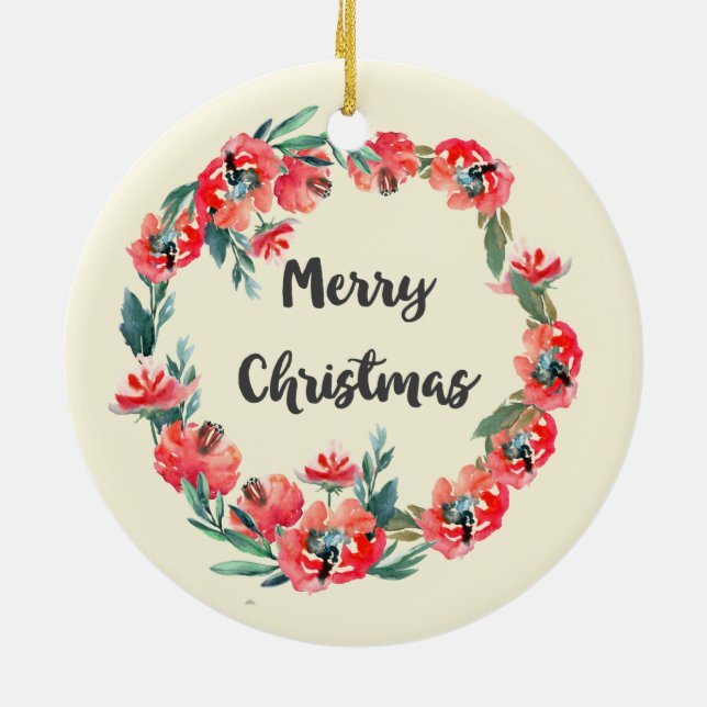 Adorno De Cerámica Feliz Navidad Rojo Floral Agua Wreath (Atrás)