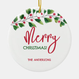 Adorno De Cerámica Feliz Navidad Rojo Y Verde Wreath De Acuarela