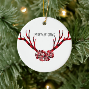 Adorno De Cerámica Feliz Navidad Ronda Ornament-Plaid Antlers