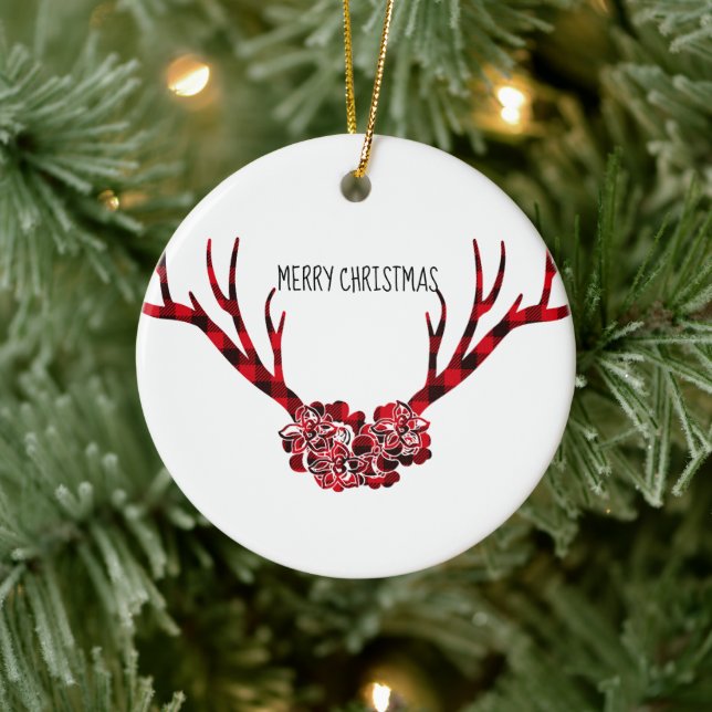 Adorno De Cerámica Feliz Navidad Ronda Ornament-Plaid Antlers (Árbol)