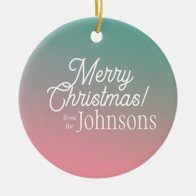 Adorno De Cerámica Feliz Navidad Rosa Green Ombre (Frente)