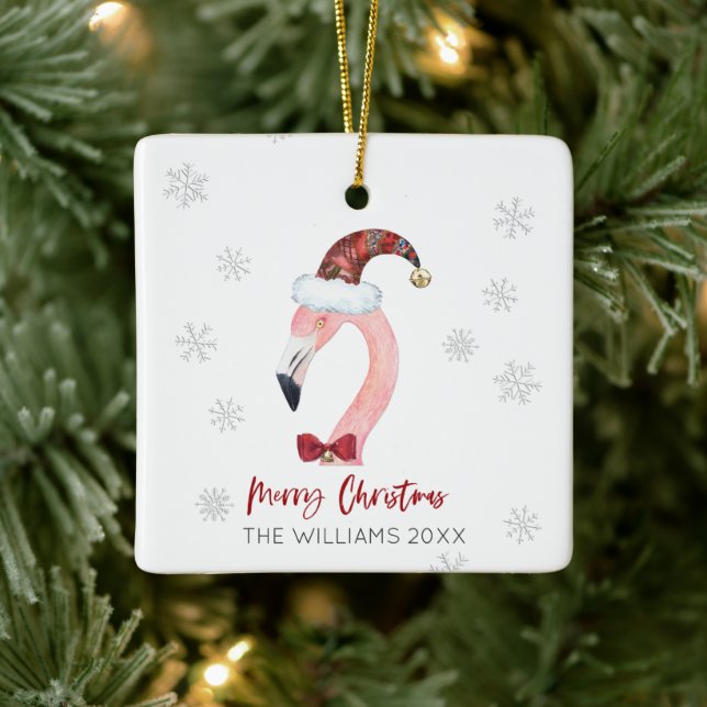 Adorno De Cerámica Feliz Navidad Santa Hat Flamingo Snowflings (Árbol)