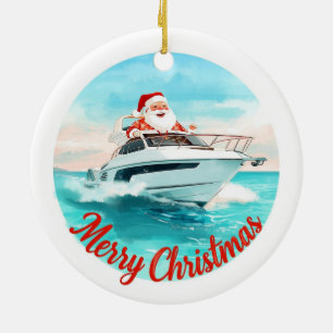 Adorno De Cerámica Feliz Navidad Santa Navegando en un Yate