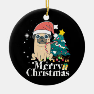 Adorno De Cerámica Feliz Navidad Santa Pug Perro Árbol de Navidad