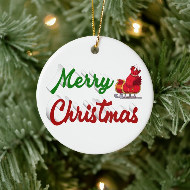 Adorno De Cerámica Feliz Navidad Santa Sleigh guión verde rojo (Árbol)