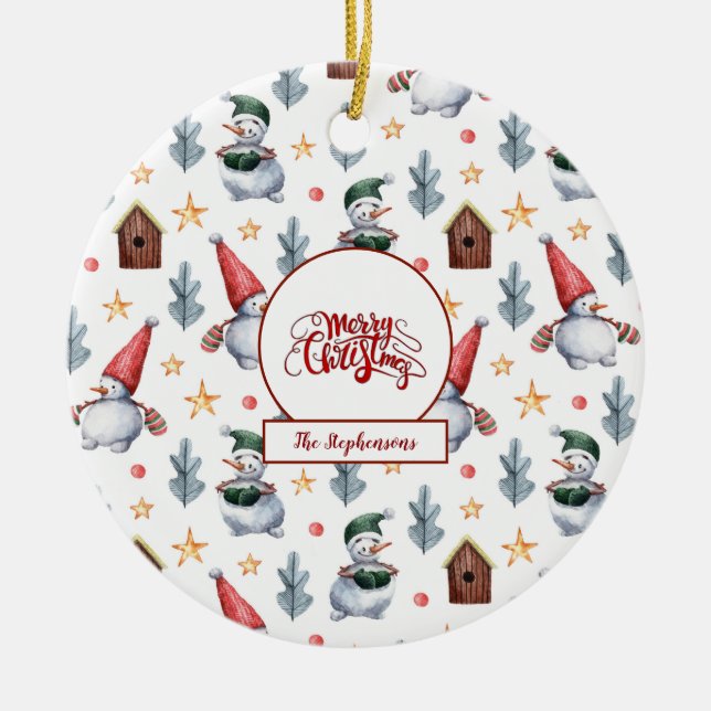 Adorno De Cerámica Feliz Navidad Snowflakes Snowflakes Monograma (Frente)