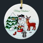 Adorno De Cerámica ¡Feliz Navidad! Snowman con sus amigos<br><div class="desc">Feliz Navidad! Hombre de nieve con amigos - Oso polar bebé,  pájaros,  alce,  conejo,  ~~~ Dibujo a lápiz de color de Krisi ArtKSZP ~~~ Categoría de la tienda >>> Feliz Navidad para los niños >>> Hombre de nieve con amigos</div>
