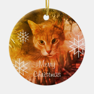 Adorno De Cerámica Feliz Navidad Tabby Cat Snowflakes